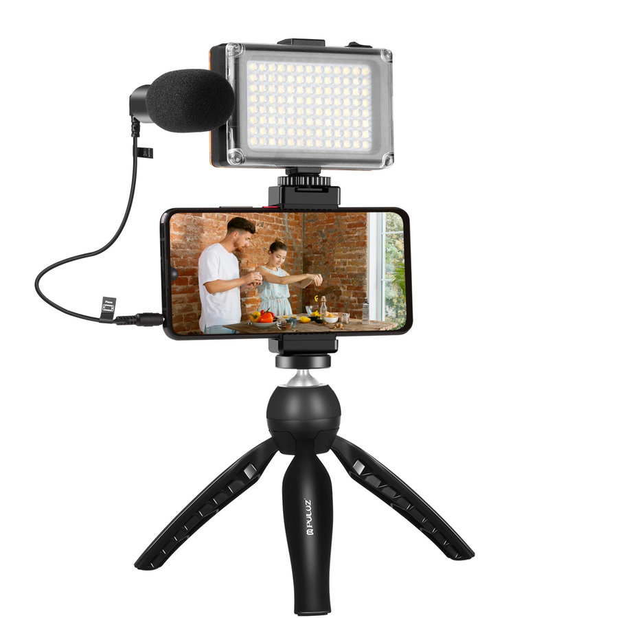 Accesoriu Camera Video de Actiune cu trepied si suport pentru telefon, Microfon, 8.5cm, Negru