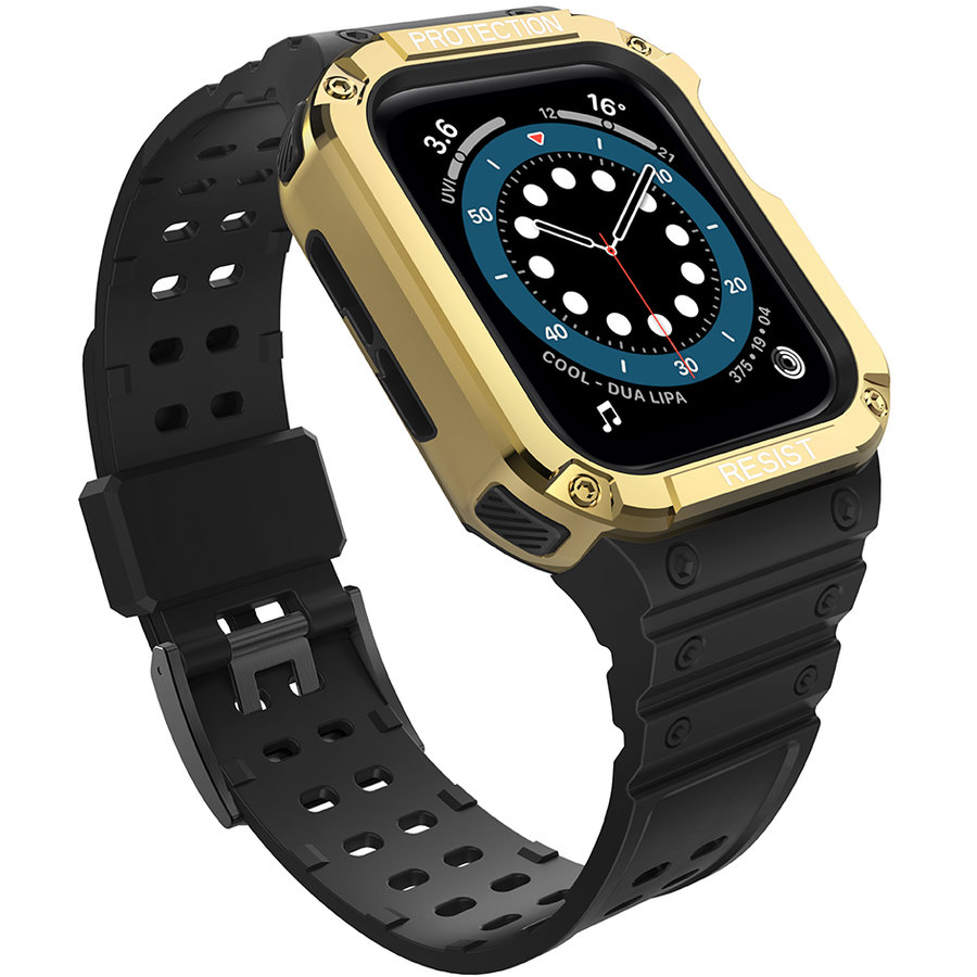 Accesoriu smartwatch Husa si curea Armored Strap Band compatibila cu Apple Watch 1/2/3/4/5/6/7/SE (38/40/41mm) Black/Gold