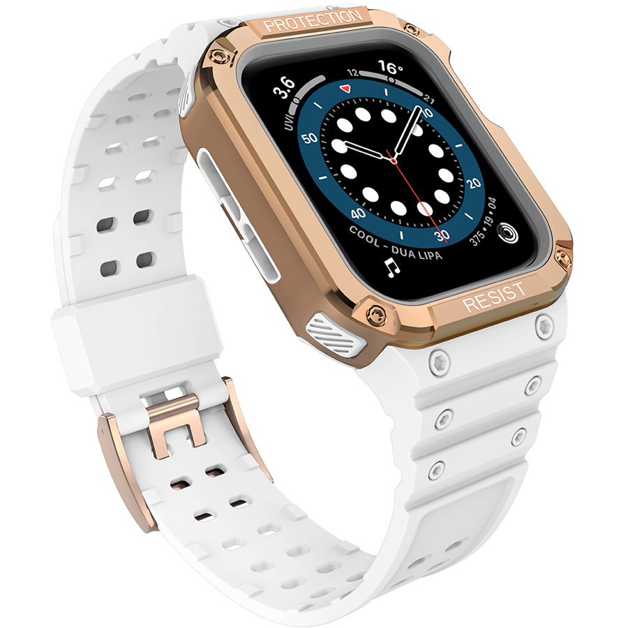 Accesoriu smartwatch Husa si curea Armored Strap Band compatibila cu Apple Watch 1/2/3/4/5/6/7/SE (42/44/45mm) White/Brown
