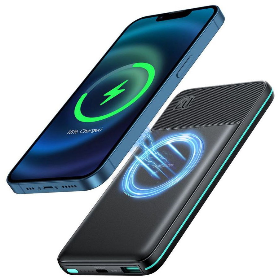 Baterie externa portabila JR-W040 10000 mAh compatibila MagSafe Putere Wireless 15W Cablu USB-C inclus Negru