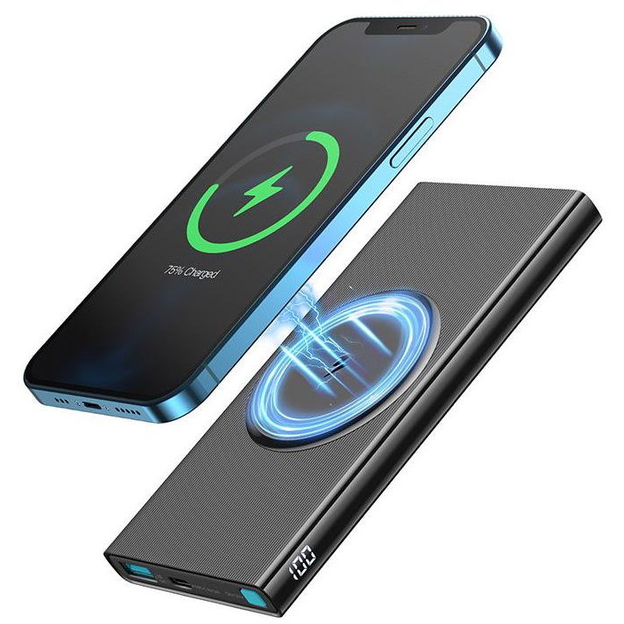 Baterie externa portabila JR-W010 10000 mAh compatibila MagSafe Putere Wireless 15W Cablu USB-C inclus Negru