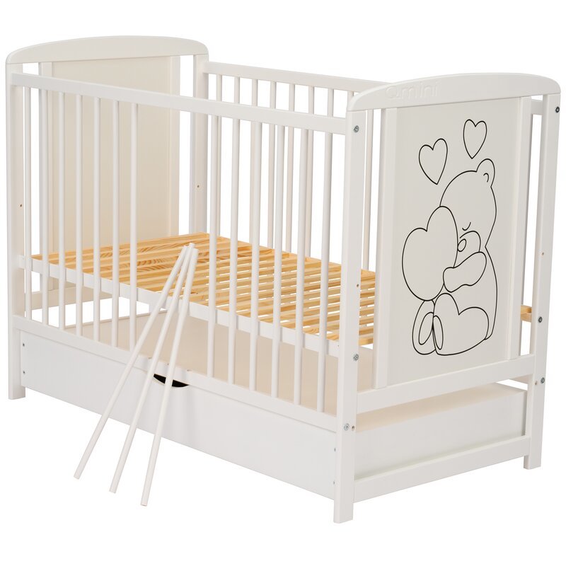 Patut din lemn de pin cu sertar și somieră reglabilă Qmini Timmi Heart 120x60cm Alb — imaginea 3