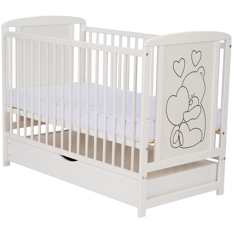 Patut din lemn de pin cu sertar și somieră reglabilă Qmini Timmi Heart 120x60cm Alb — imaginea 6