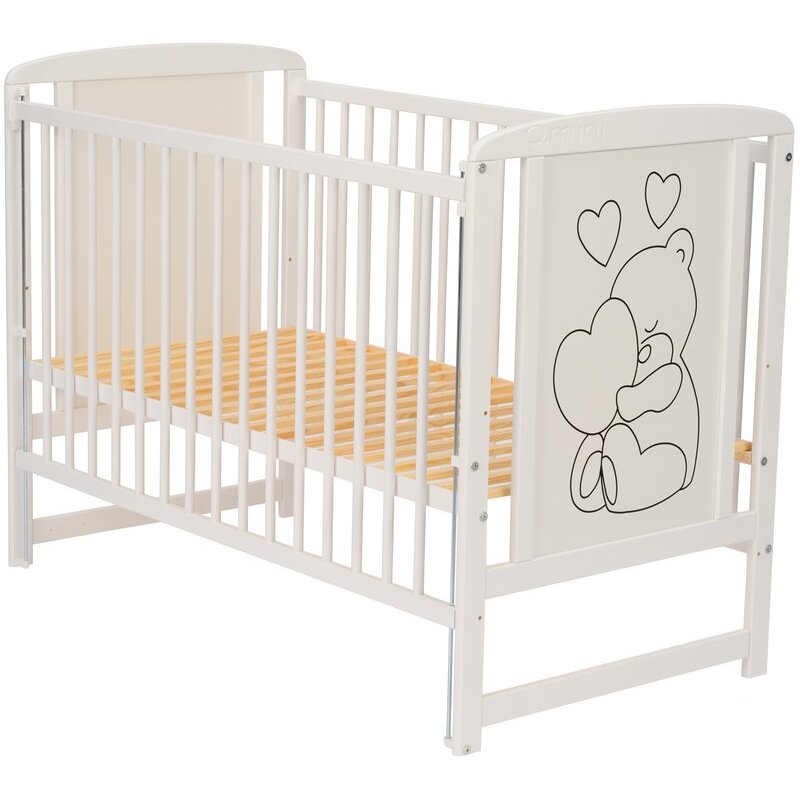 Patut din lemn de pin cu laterală culisanta și somieră reglabilă Qmini Timmi Heart 120x60cm Alb