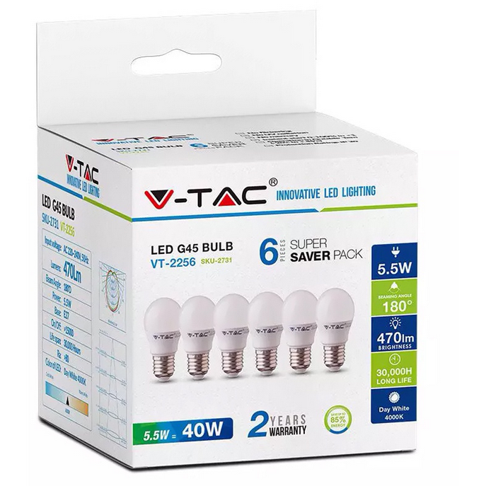 Set 6 Becuri LED SKU-2730 E27 G45 5.5W 2700K lumina alba calda