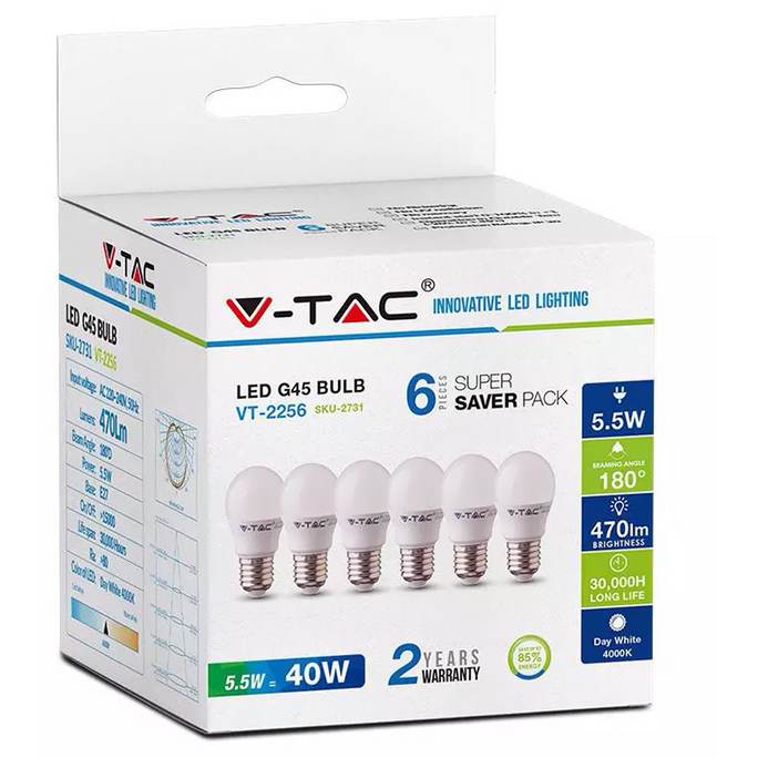 Set 6 Becuri LED SKU-2731 E27 G45 5.5W 4000K lumina alba neutra
