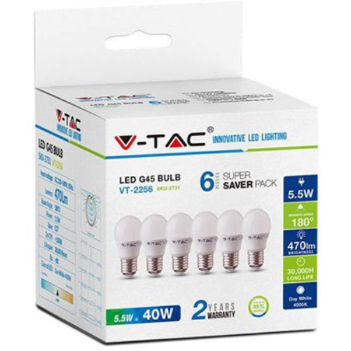 Set 6 Becuri LED SKU-2732 E27 G45 5.5W 6400K lumina alba rece