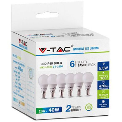 Set 6 Becuri LED SKU-2735 E14 P45 5.5W 6400K lumina alba rece