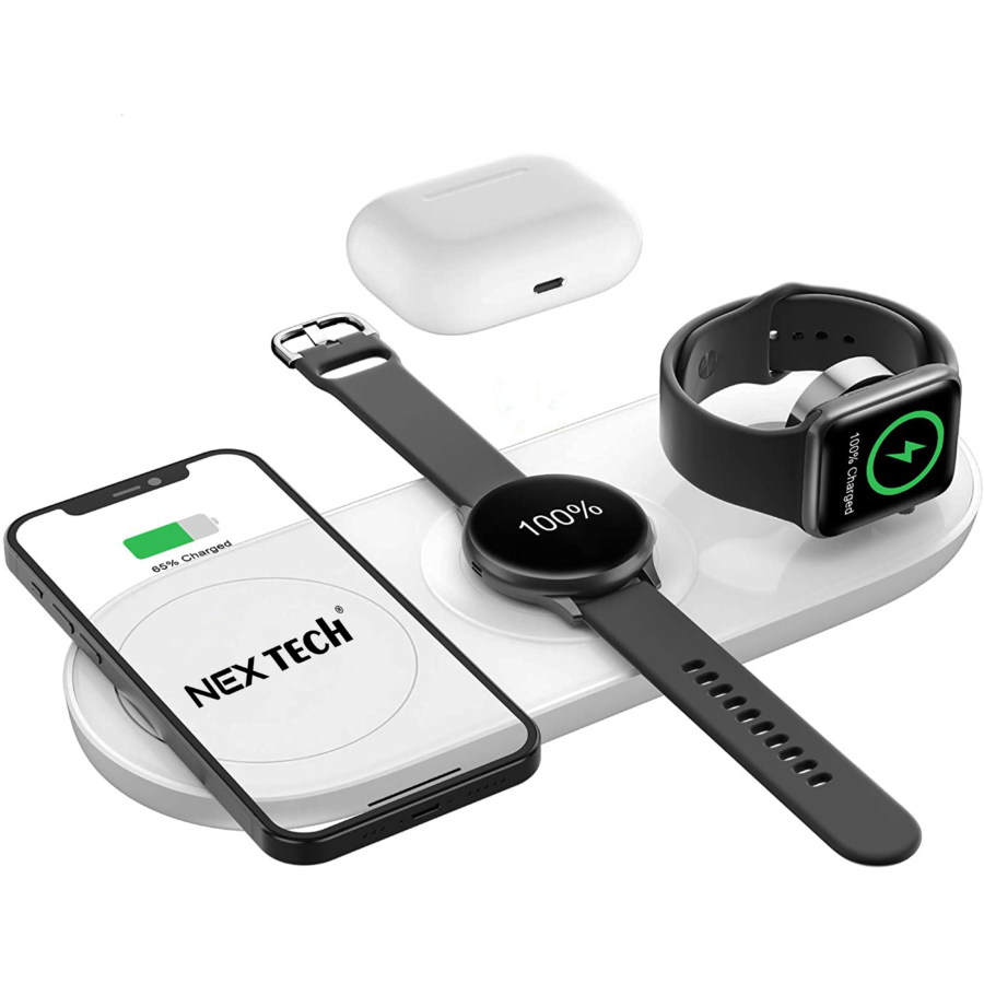 Incarcator wireless NEX TECH® Statie de incarcare 5 in 1 Incarcare Rapida Multifunctionala Fast Charger 15W Compatibil Samsung Watch Apple Huawei Galaxy Buds Android Inclus Adaptor Quick Charge 3.0 Alb