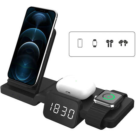Messed up prosperity Round and round Incarcator Wireless NEX TECH® Statie de Incarcare 4 in 1 cu ceas digital  Incarcare Rapida 15W Qi Fast Charger Compatibil cu Apple Watch Airpods 2 3  Pro iPhone Android Samsung Huawei Xiaomi Negru ITGalaxy.ro