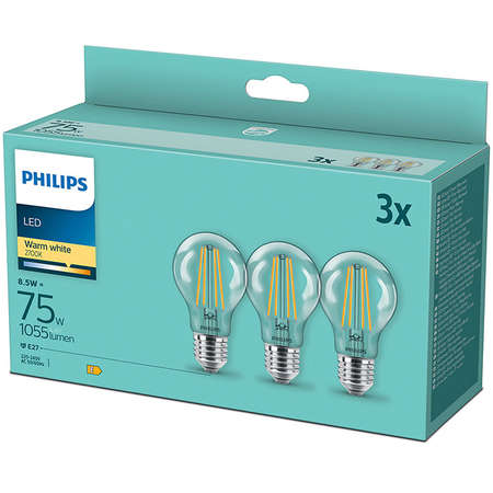 Pachet 3 becuri LED Philips Filament A60 E27 8.5W (75W) 1055 lm lumina alba calda (2700K)