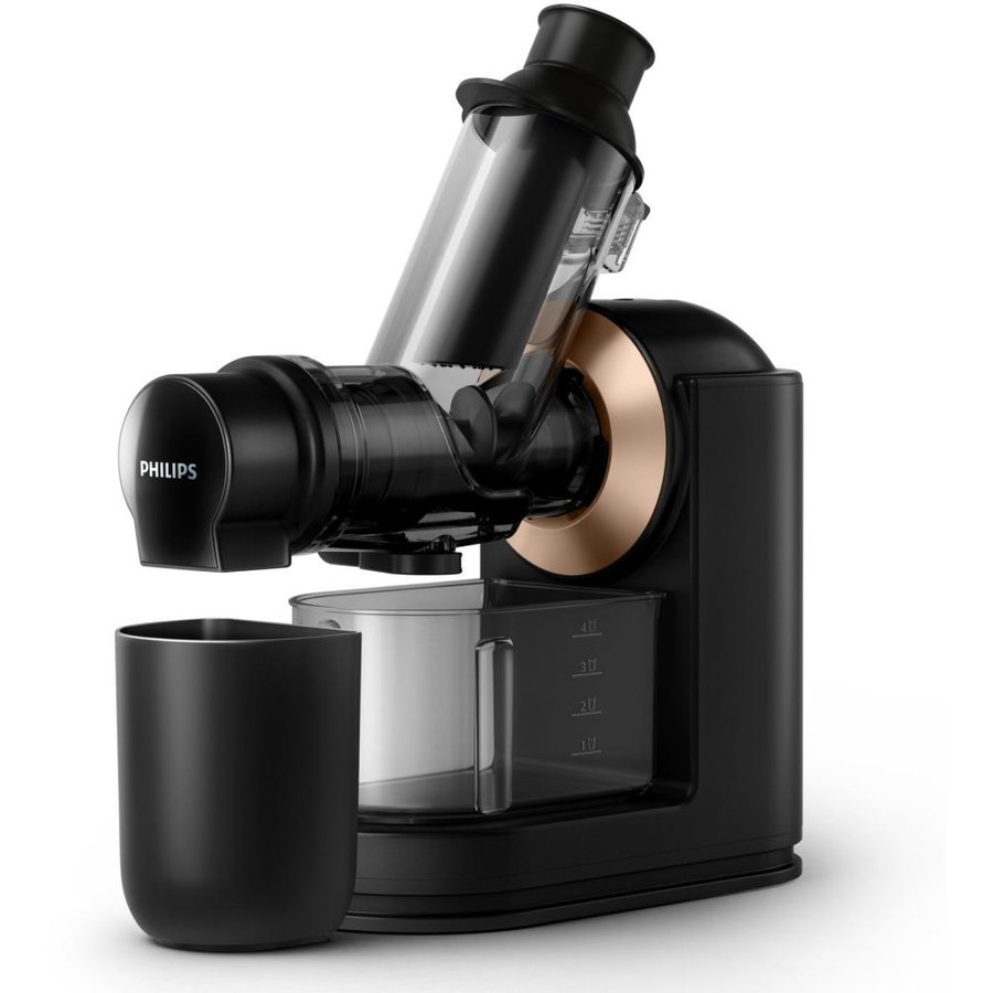 Storcator Fructe și Legume prin Presare la Rece Philips HR1888/70 Viva Collection 150W Capacitate Vas 1L Recipient Pulpa 0.75L Tub Alimentare 70mm Negru/Auriu