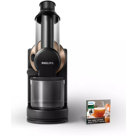 Storcator Fructe si Legume prin Presare la Rece Philips HR1888/70  Viva Collection 150W Capacitate Vas 1L Recipient Pulpa 0.75L Tub Alimentare 70mm Negru/Auriu