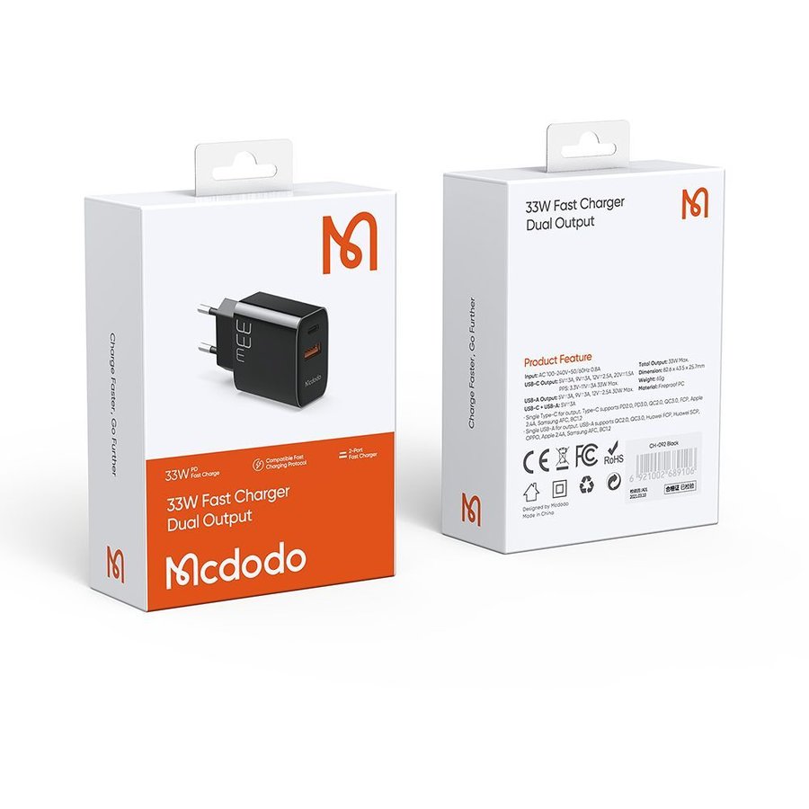 Incarcator rețea Mcdodo CH-0921 Dual USB PD QC 33W Negru — imaginea 4