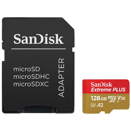 Card Sandisk Extreme PLUS R200/W90 microSDXC 128GB UHS-I U3 A2 Clasa 10 cu adaptor SD