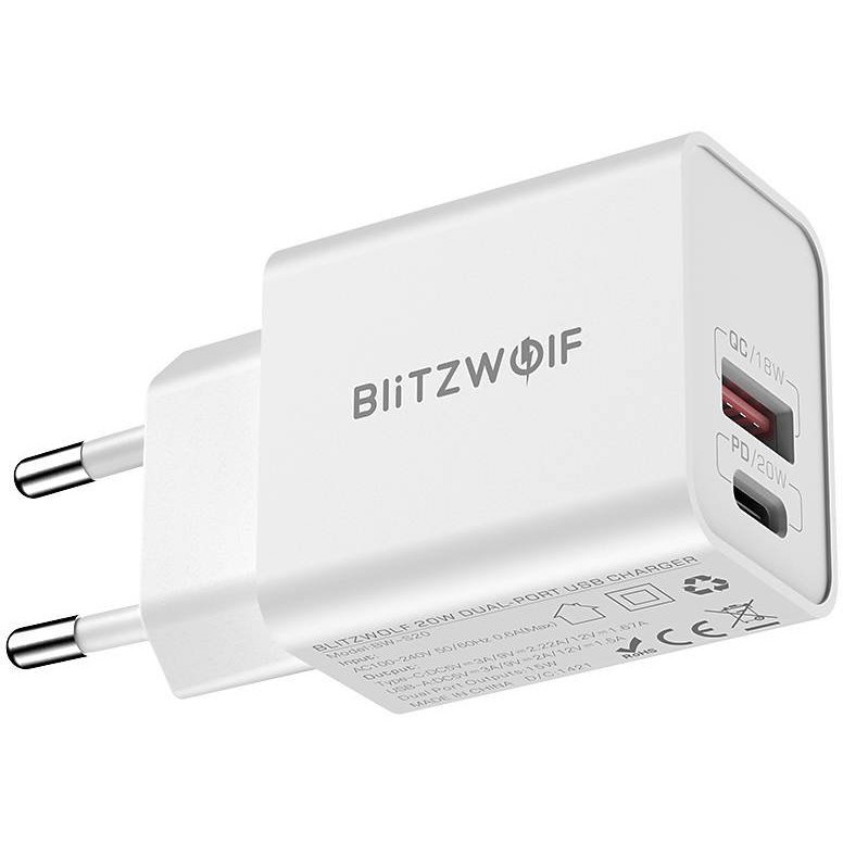 Incarcator BW-S20, USB/USB-C, Quick Charge 3.0, 20W, Alb