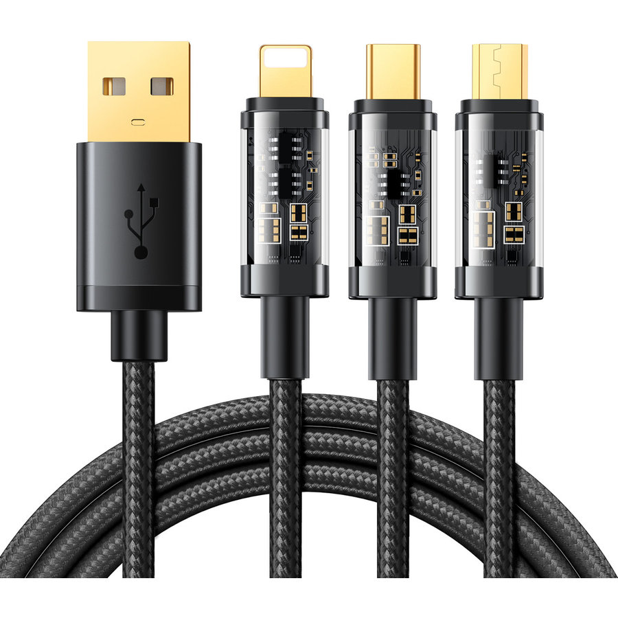 Cablu de date 3 in 1 S-1T3015A5, USB - USB Type-C/Lightning/Micro-USB, 1.2m, 3.5A, Negru