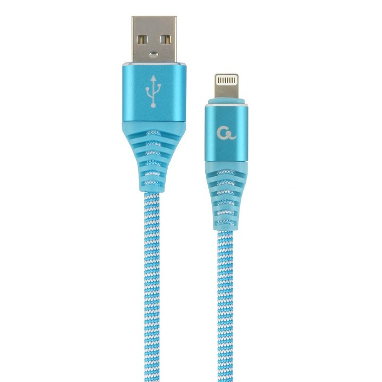 Cablu de date Premium Cotton Braided USB - Lightning 1m Turquoise Silver