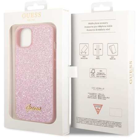 Husa Guess Glitter TPU Flakes Script Metal Logo pentru iPhone 14 Plus Pink