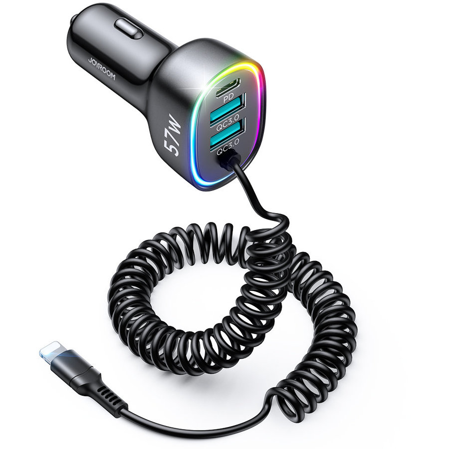 Incarcator auto Joyroom JR-CL20, 3 Porturi, Quick Charge 3.0, Lungime cablu Lightning 1.6m, Negru - imagine 2