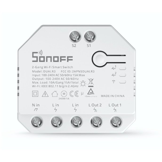 Întrerupător Sonoff Dual R3 cu 2 canale, Programari, Control vocal și prin aplicație, WiFi, Contor energie, Alb