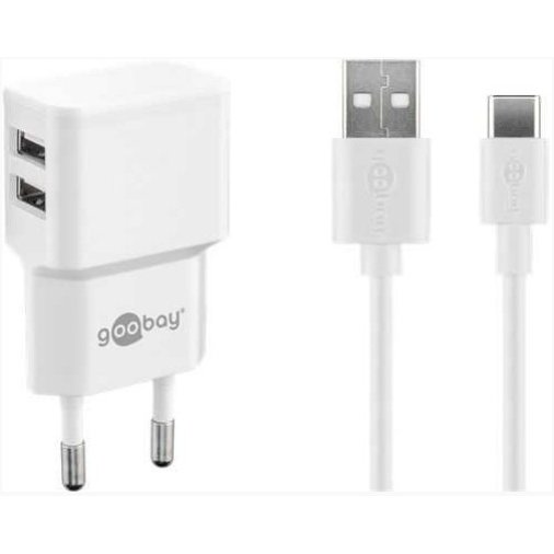 Incarcator Retea WC224WE 2x USB-A 2.4A cu Cablu USB-C Alb