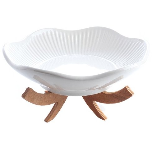 Bol Salata pe Suport de Lemn 28cm Ceramica Termorezistenta Pentru Cuptor Alb