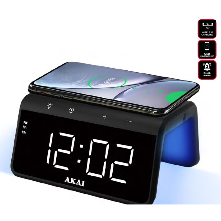 Ceas Alarma Și Încărcare Akai ACRB-2000 Putere Încărcare 10W Wireless Negru