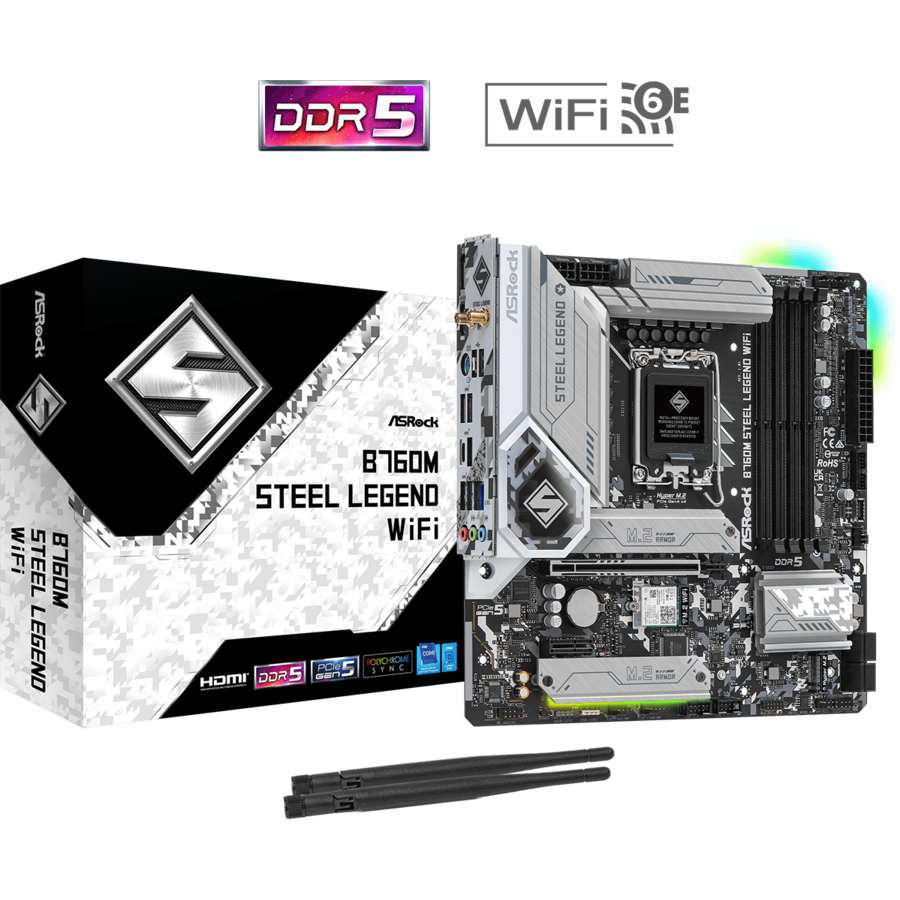 Placa de Baza B760M Steel Legend WiFi LGA 1700 DDR5 PCIe 5.0 Wi-Fi 6E micro ATX