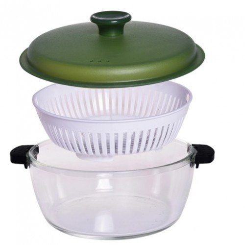 Vas Termic Multifunctional Sticla Borosilicata cu Capac 1.5L Gatit la Aburi Gourmet Verde/Transparent