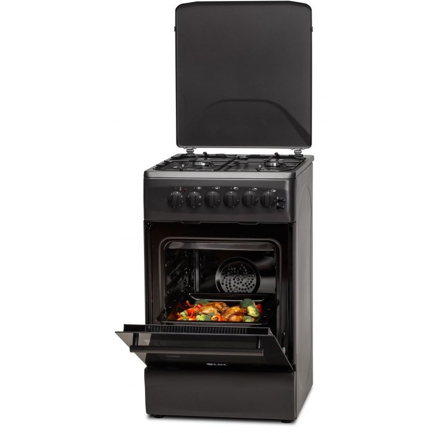 Aragaz 4 Arzatoare Siguranta Cuptor Electric Aprindere Iluminare Capac Metalic Negru Mat