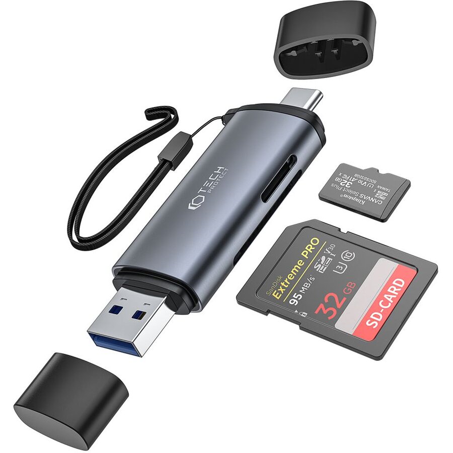 Card reader UltraBoost, micro SD / SD, conectori USB si USB-C, 5Gbps, Gri