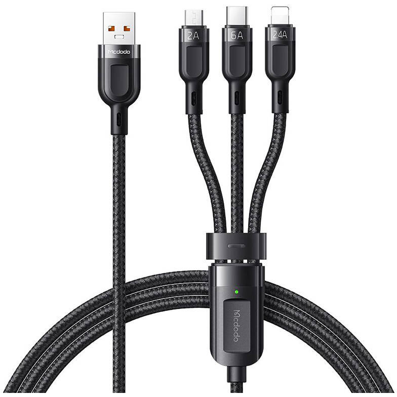 Cablu de date CA-6930 3 in 1, USB Type-C/Lightning/Micro-USB, 66W, 6A, 1.2m, Negru