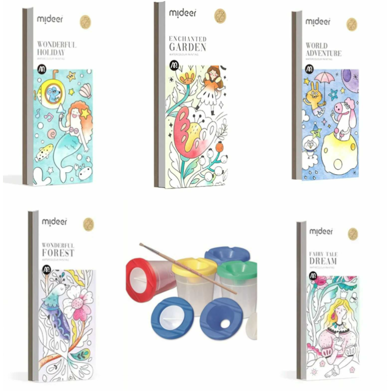 Pachet Promo Set 5 Carti Colorat Desene Acuarele Pensule + Cadou 5 Pahare Pictura Nu Curge Multicolo