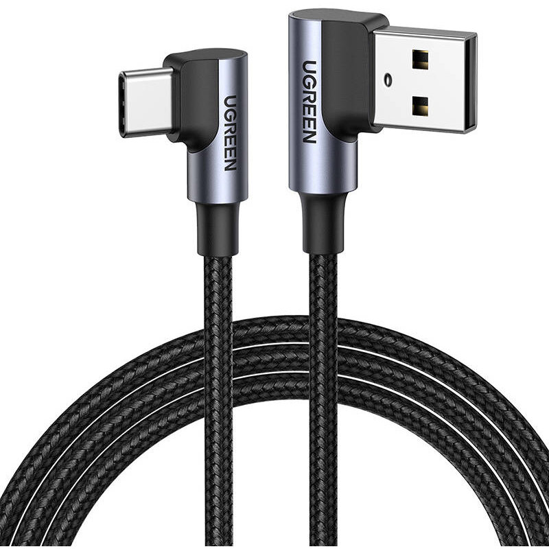 Cablu de date US176, USB la USB-C, QC 4.0, 3A, 480 Mbps, Unghi incarcare 90 grade, 1m, Negru/Gri