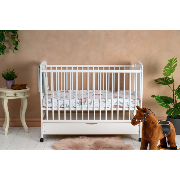 Patut Qmini Lemn Timmi Elephant 120x60cm Sertar Lemn Pin MDF Stabil Rezistent Înălțime Saltea Reglabilă 3 Nivele Laterală 3 Bețe Detasabile EN716-1/EN716-2 Alb