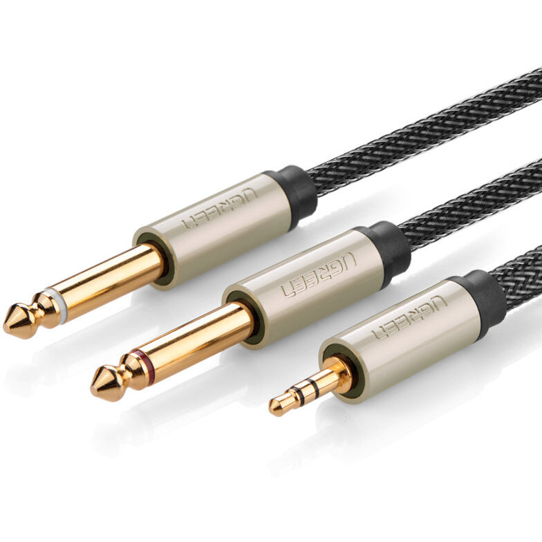 Cablu de date AV126, 1x Jack 3.5mm la 2x Jack 6.35mm tata, 2m, Gri
