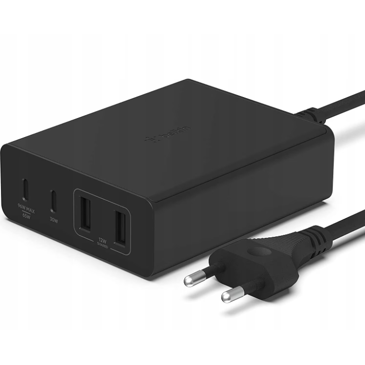 Incarcator Retea Gan 108W 2 Porturi Cablu USB-C  2 Porturi USB-A 2m Negru