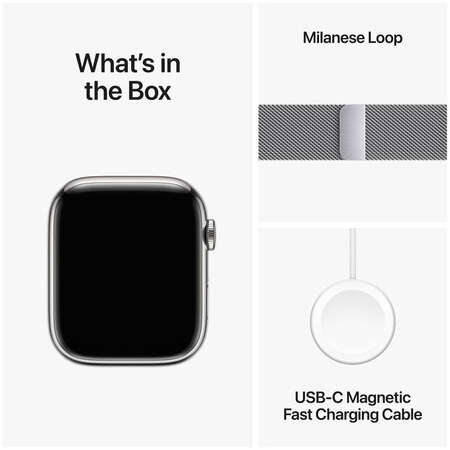 Smartwatch Apple Watch S9 Cellular 45mm Silver Stainless Steel Case cu Silver Milanese Loop