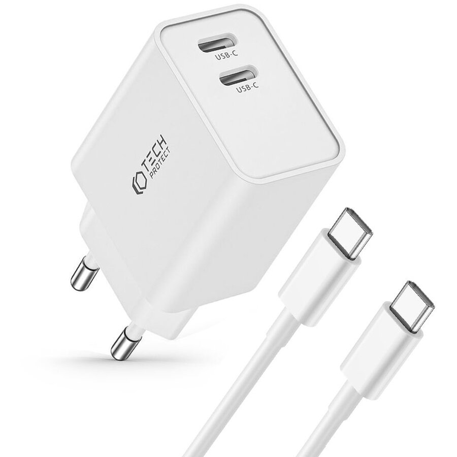 Incarcator C35W, 2x USB-C, Power Delivery 35W, Cablu USB-C 1m inclus, Alb