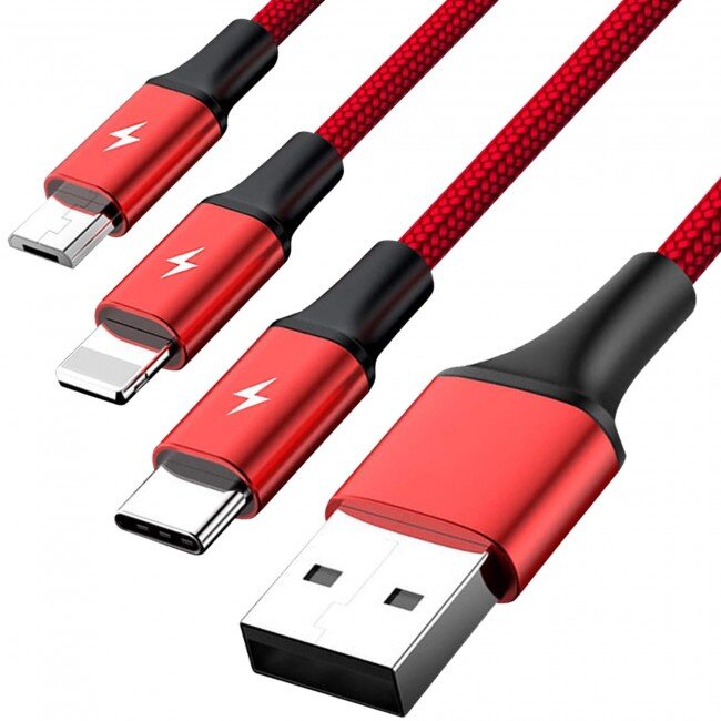 Cablu micro USB/Lightning/USB-C 1.2m Rosu