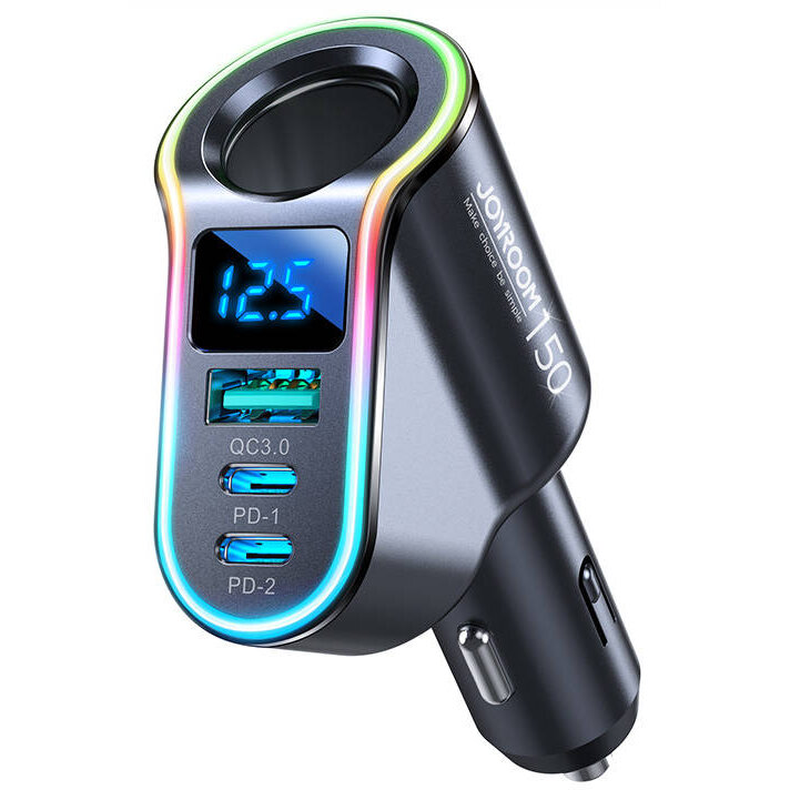 Incarcator auto Joyroom JR-CL21, 1xUSB, 2x USB-C, slot bricheta auto, 150W, 3A, PD QC, iluminat LED, Negru - imagine 3