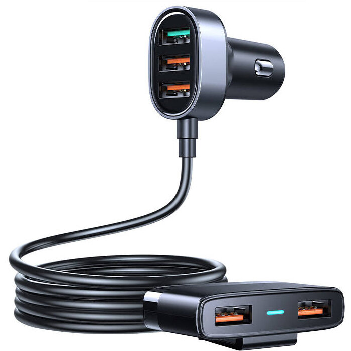 Incarcator JR-CL03, 5xUSB, cu extensie cablu 1.5m, 45W, 3A, PD QC, Negru