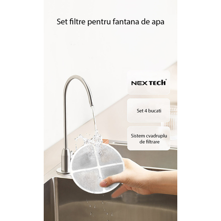 Set 4 filtre pentru dispenser apa automat NEX TECH® 4 filtre pompa apa si perie curatare, 5 straturi filtrare, alb