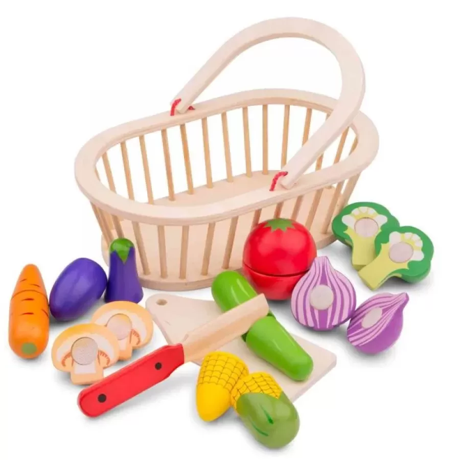 Coș Cu Legume New Classic Toys din lemn pentru tăiat 19 piese 25 x 16.5 x 9.3cm Multicolor