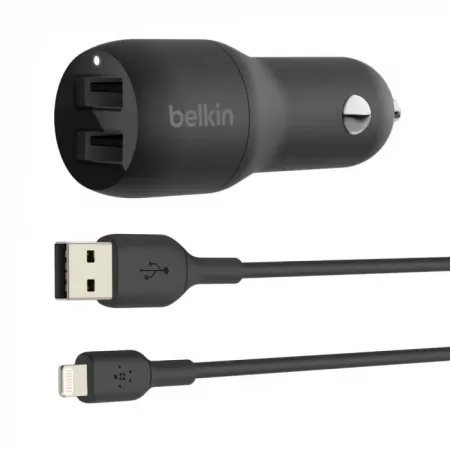 Incarcator Belkin BOOST CHARGE Car Charger Dual USB-A 24W + USB-A to Lightning Negru