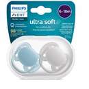 Set Philips-Avent 2 Suzete Ultra Soft 6-18luni Ortodontice Fara BPA Gri/Albastru