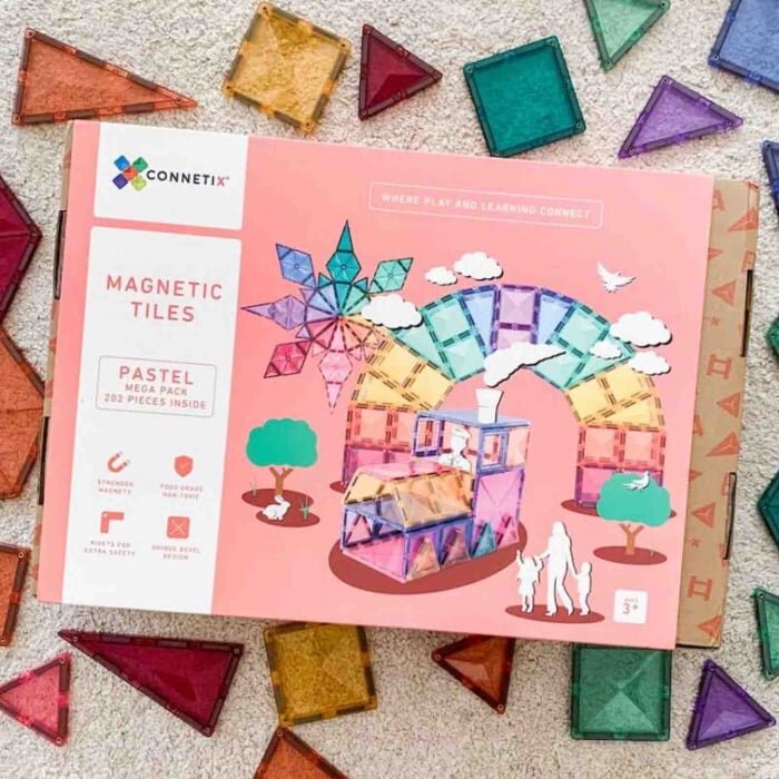 Set De Constructie Magnetic 202 Piese Forme Geometrice Pastel Mega Pack Multicolor