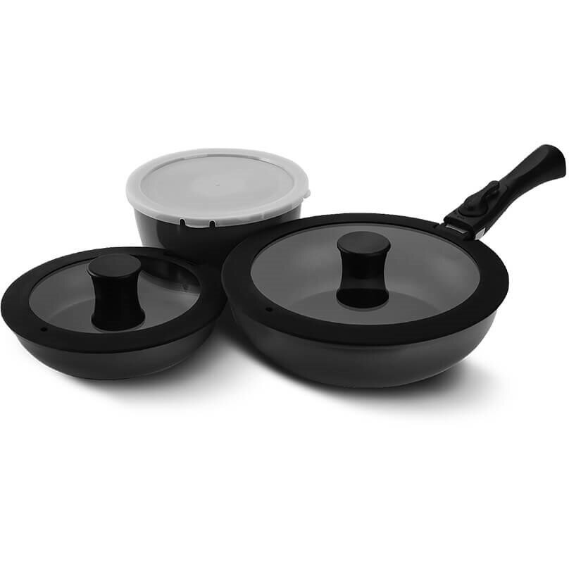 Set 3 Tigai Tehnopolimer + Maner Detasabil + 2 Capace + Capac Silicon Acoperire Interioara Aluminiu Negru
