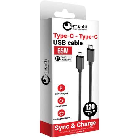 Cablu Superfast Charge Type-C la Type-C Lemontti LEMCTYC65WN 65W 1.2m Negru